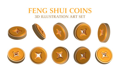 Feng Shui Chinese Fortune Gold Coins in 3D Art