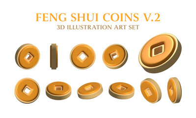 Feng Shui Chinese Fortune Gold Coins in 3D Art