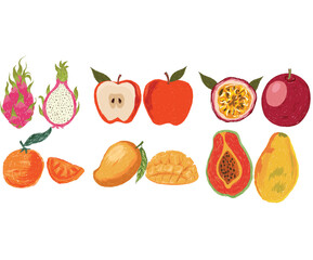 Fruit artwork for for t shirt and poster. Fresh apple, mango, dragon, papaya, passion fruit, pomegranate fruit artwork.