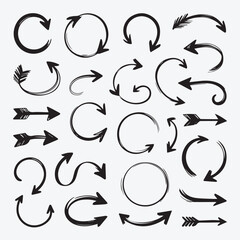 Collection of Hand-Drawn Sketchy Black Arrows, Curls, and Circle Marks Set