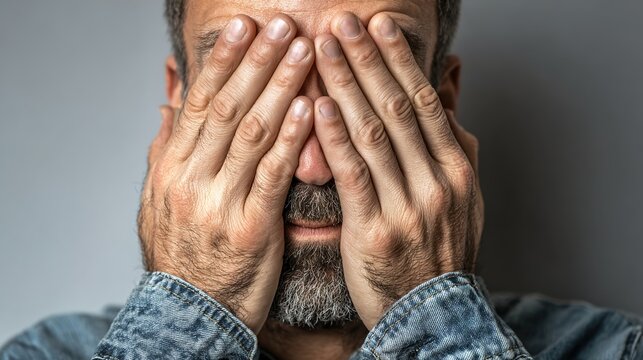 Overwhelmed: The close-up shot focuses on a man, hands covering eyes, a palpable sense of internal struggle and deep contemplation emanating from his every feature. 