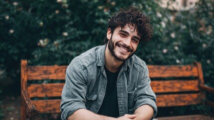 Obraz premium Serene Smile in the Park: A content individual, radiating joy, sits on a bench in a lush park, expressing a serene smile, and embodying moments of peace