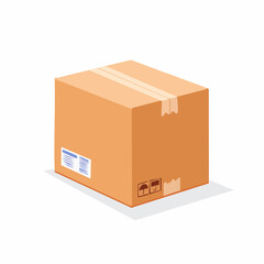 Fototapeta premium A 3D illustration of a closed brown cardboard shipping box with tape and warning labels, isolated on a white background