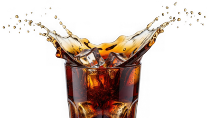 Dynamic cola splash ice cubes refreshing beverage explosion captured in high speed photography