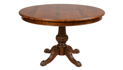Elegant round wooden pedestal table with carved legs for dining room or kitchen, classic brown finish furniture design