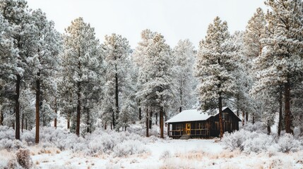 Snow Covered Forest with Rustic Cabin Surrounded by Tall Pine Trees in Winter