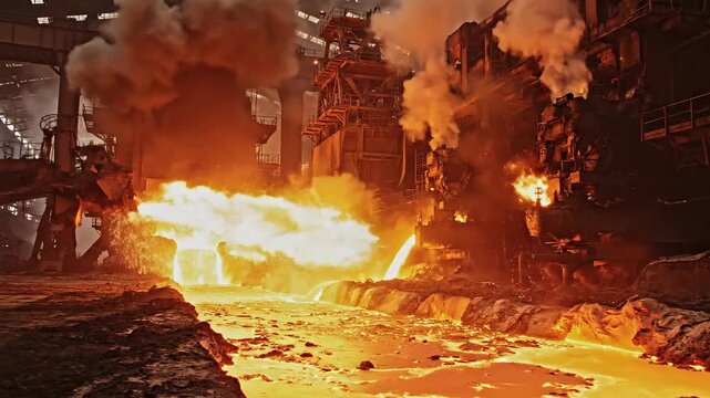 Molten metal pouring into furnace in industrial setting at high temperature, viewed from a close-up perspective