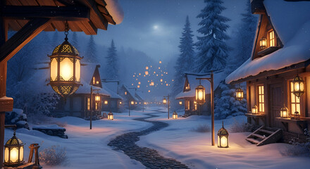 Enchanting snowy village street at twilight illuminated by warm glowing lanterns and festive string lights creating a magical winter wonderland atmosphere