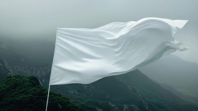 Video A white flag flies high above a mountain peak, often used as a symbol of surrender or warning