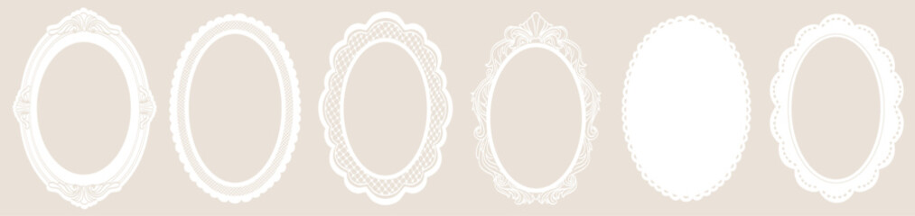 White whimsical lace frames and renaissance borders. Oval shapes with vintage elegance decorated with whimsy lines and squiggles. Top view borders perfect for branding, scrapbooking and social media.