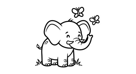 Happy Cute Baby Elephant Playing with Butterflies on Grass, Outline Illustration, isolated white background