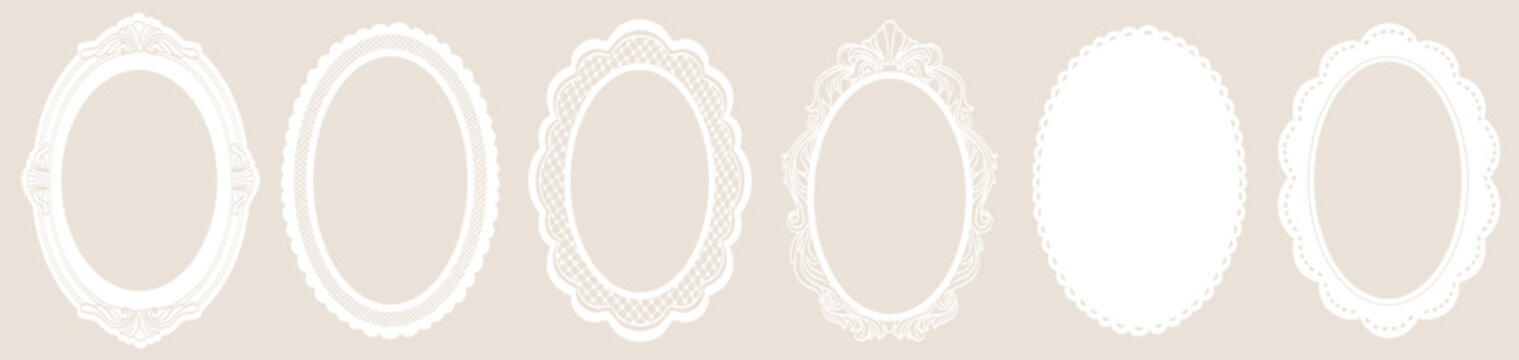 White whimsical lace frames and renaissance borders. Oval shapes with vintage elegance decorated with whimsy lines and squiggles. Top view borders perfect for branding, scrapbooking and social media.
