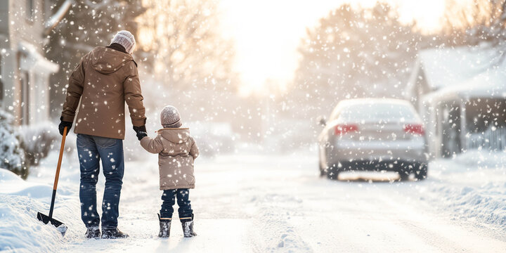 Father and child cleaning snow from car in front of house in the morning, Family relationship concept.
