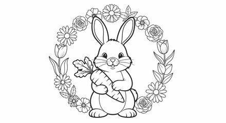 Cute Cartoon Bunny Holding Carrot in Flower Wreath, Spring Animal, isolated white background