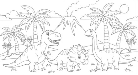 Cartoon Dinosaurs Roaming Prehistoric Jungle Landscape with Volcano and Palm Trees © Kebo