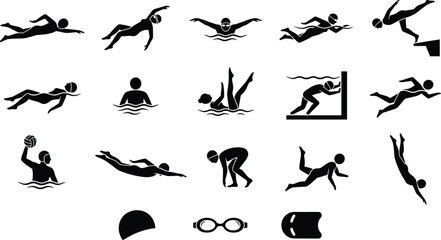 Set of Swimming Silhouettes People Swimming Diving and Playing Water Sports Vector Illustration.