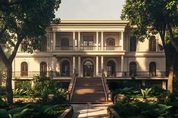 Double-story colonial estate with central staircase and surrounding trees 