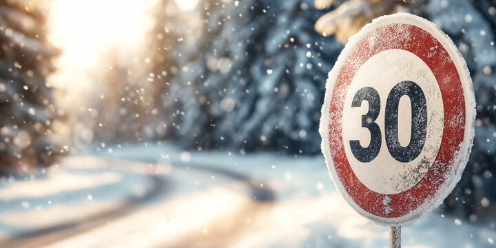 European white circular sign with red border and black number 30 on the snowy road. Winter driving safety concept.