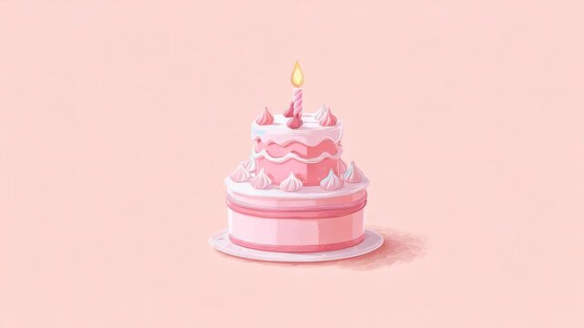 Pink birthday cake with one candle and whipped topping, hand-painted style on soft pastel background. Concept of celebration and sweetness