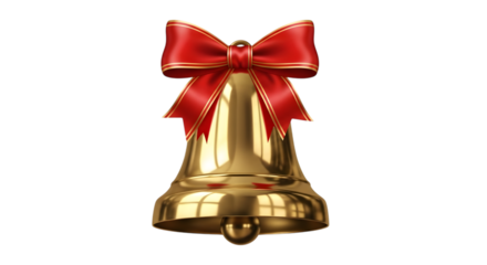 Golden bell with red ribbon isolated on transparent background