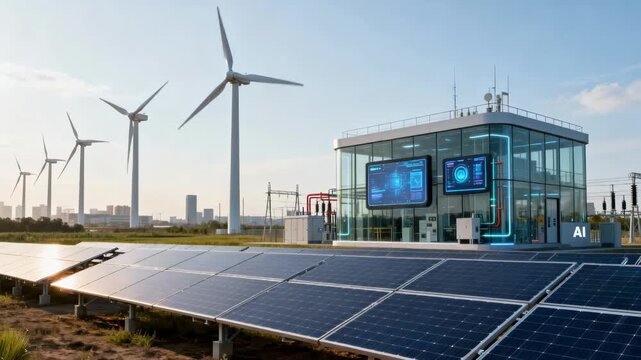 Medium shot of a hybrid energy system combining solar and wind with AIdriven smart grid for balanced power in mixed environments.