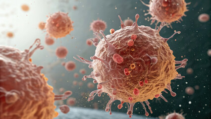 Immunology Research Visual Concept. Microscopic view of cells releasing glowing immunoglobulins in fluid, showcasing vibrant biological activity