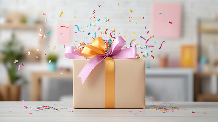 A beautifully wrapped gift box with colorful confetti cascading from it, symbolizing celebration and joy.