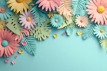 Pastel-toned paper flowers, foliage, and buds artfully arranged on a light blue background