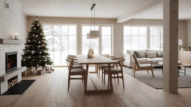 Modern light wood interior home with Christmas tree decorations, fireplace, dining table, and living room during snowy winter.