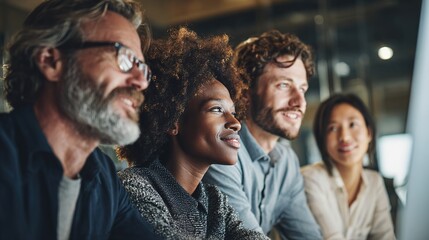 Fototapeta premium Team Collaboration: Capturing the essence of teamwork, a group of diverse professionals engages in focused collaboration, fostering innovation and synergy in a shared workspace.