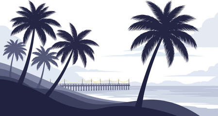 Serene tropical beach scene silhouette with palm trees and pier at sunset evokes calm relaxation and vacation vibes isolated on white background