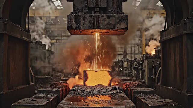 Molten metal being poured into molds in an industrial factory setting, captured from a front viewpoint