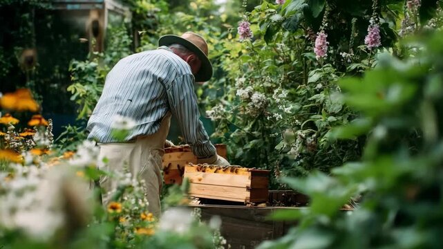 Experienced beekeeper carefully lifting a wooden beehive box in a lush garden surrounded by blooming flowers and green foliage.