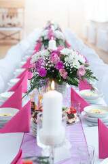 Wedding Reception Table With Pink Napkins And Flower Centerpieces, Banquet Decoration