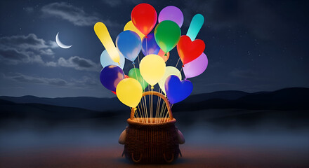 Whimsical nighttime scene featuring a basket filled with brightly lit balloons floating under a crescent moon and starry sky