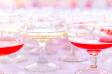 Champagne Glasses With Pink Cocktail At Wedding Reception, Toast Drinks Background