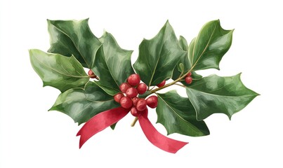 Watercolor illustration of holly sprig with berries and red ribbon on a white background