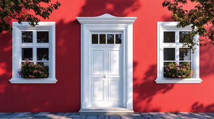 Red colonial townhouse with symmetrical door placement and white framing