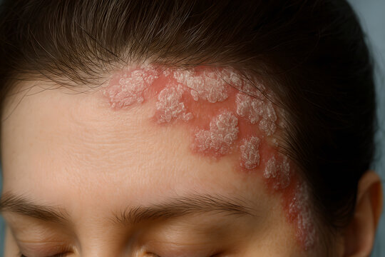 Photorealistic 3D depiction of psoriasis plaque on the elbow area, close-up of thickened red patches with dry silver-white scaling on intact skin, non-graphic and medically accurate