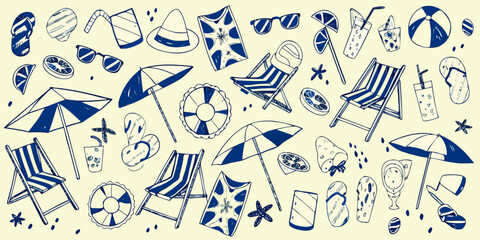 A collection of hand drawn summer themed items on a light background