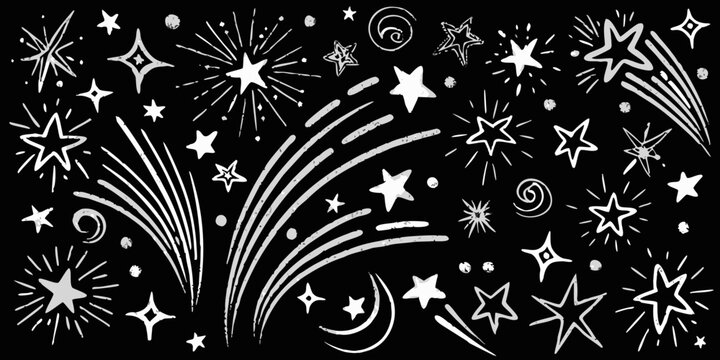 A collection of whimsical hand drawn white stars and sparkling firework designs