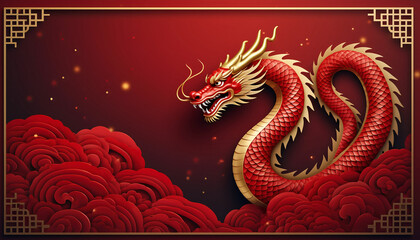 Fototapeta premium Red and gold Chinese dragon coiled amidst red clouds with golden decorative border aesthetic.