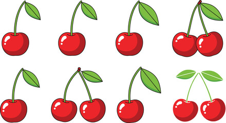 Fresh cherry vector illustration set featuring vibrant red fruits with green leaves, perfect for food designs, stickers, packaging, farmers market graphics, and decorative artwork.