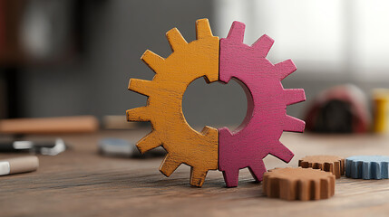 A colorful gear symbolizing innovation and teamwork on a workbench, representing the essence of collaboration in industry.
