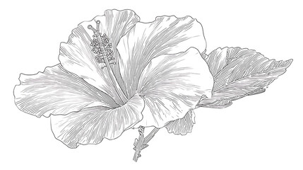 Black and white line of a large hibiscus flower with stamens and leaves line botanical