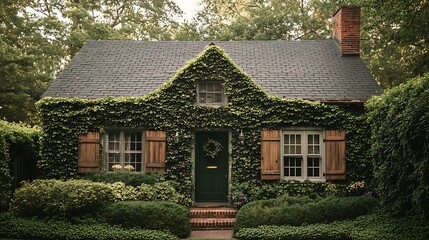 Small colonial cottage with timber shutters and vine-covered entryway 