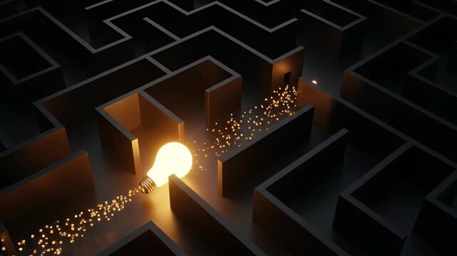 Glowing Lightbulb in Maze Representing Problem Solving Solution Finding Innovation and Idea Concept with Dark Background