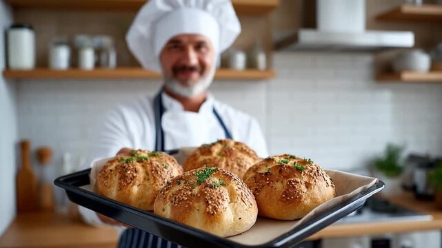 The Baker's Delight: A seasoned baker presents a freshly baked tray of golden-crusted bread rolls with a warm, inviting smile, creating a scene of culinary artistry.