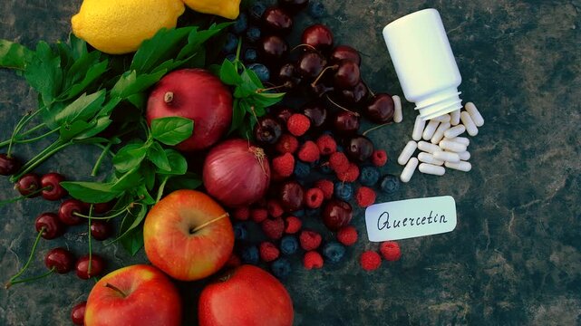 Products that contain quercetin. Selective focus.