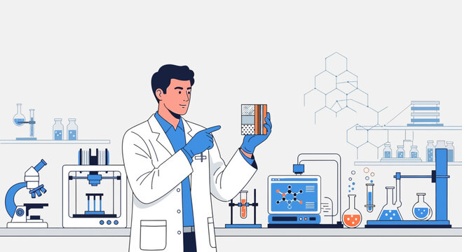 Scientist examines layered material sample within a modern laboratory environment illustration